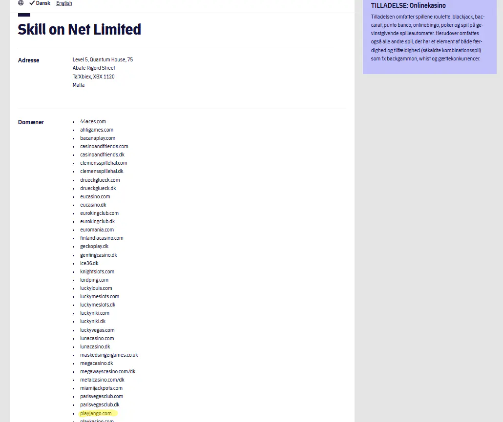 Spillemyndighedens registerpost for Skill on Net Limited og playjango.com