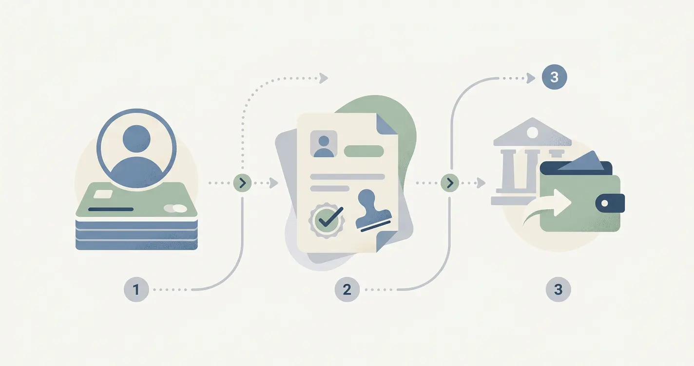 Illustration af et udbetalingsflow fra saldo via kontrol til bank eller digital tegnebog