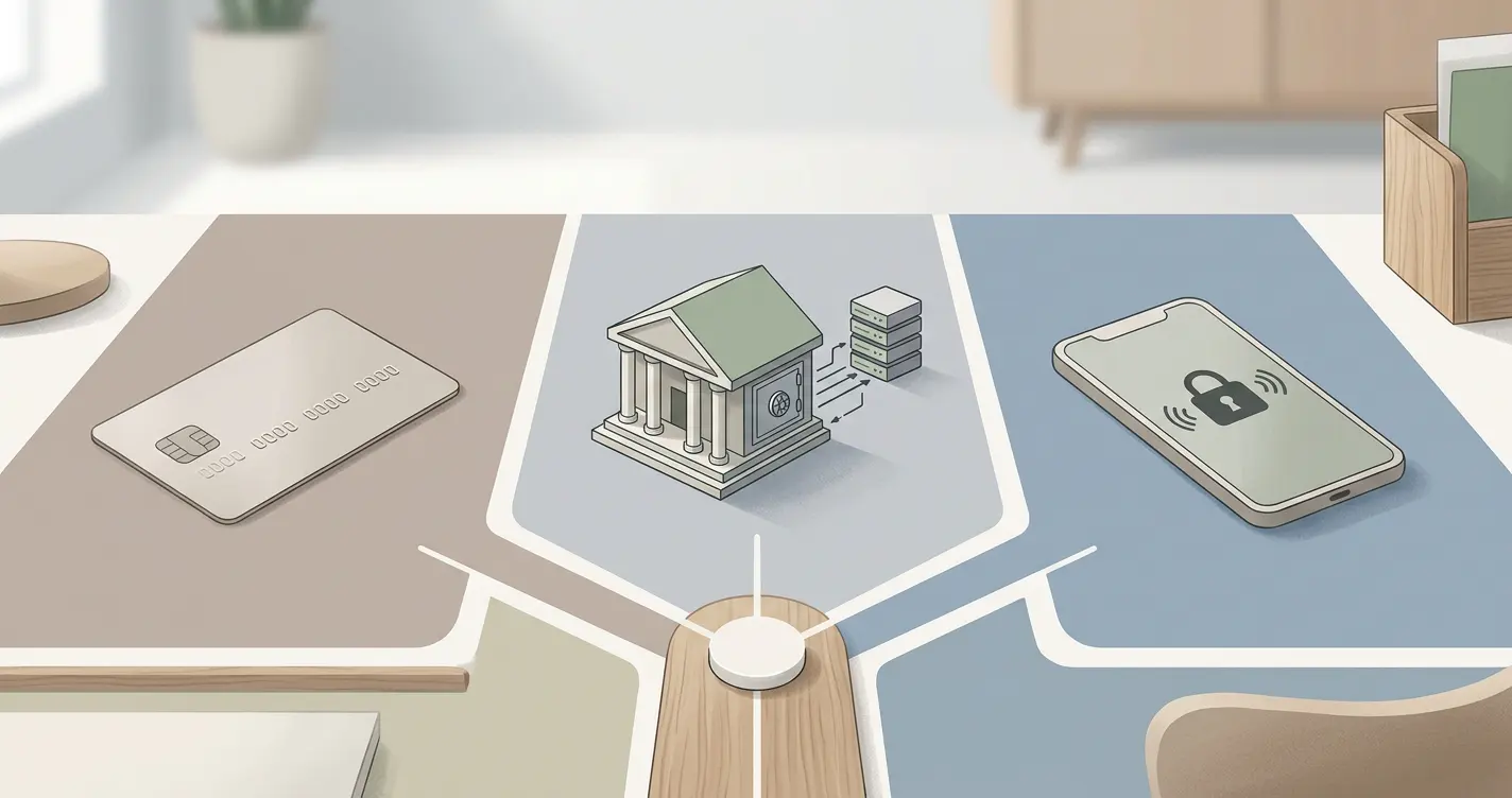 Illustration af kort, bank og digitale betalingsmetoder