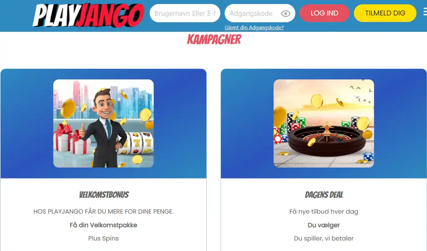 PlayJangos danske kampagneside med velkomstbonus og Dagens Deal