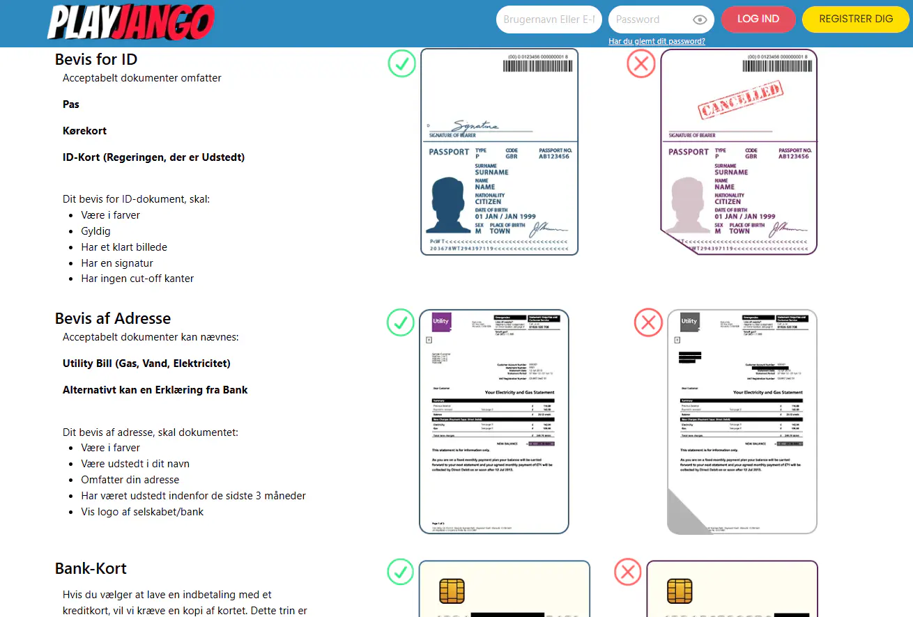 PlayJangos officielle dokumentupload og vejledning om identitetskontrol