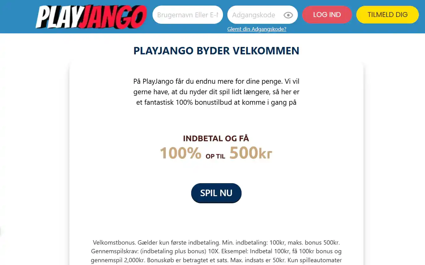 PlayJangos danske velkomstbonusside med aktuelle vilkår